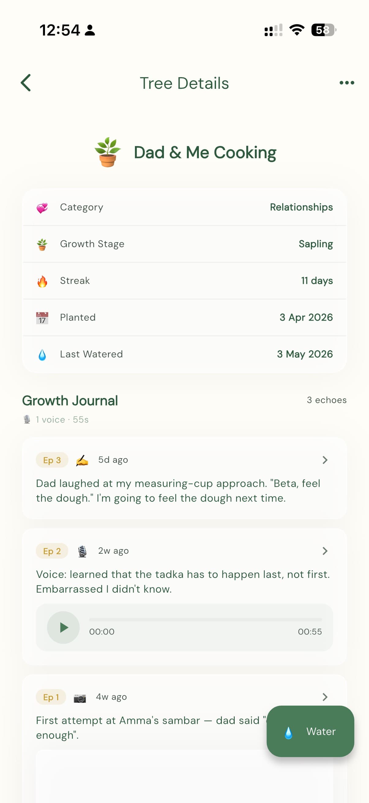 Watch it grow — tree detail with growth journal